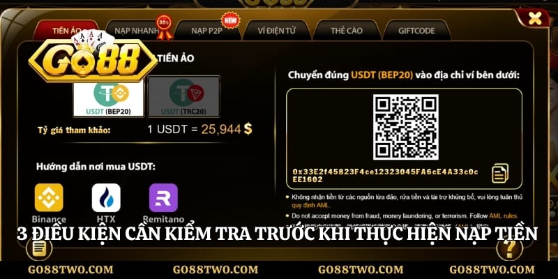 3 điều kiện cần kiểm tra trước khi thực hiện nạp tiền Go88