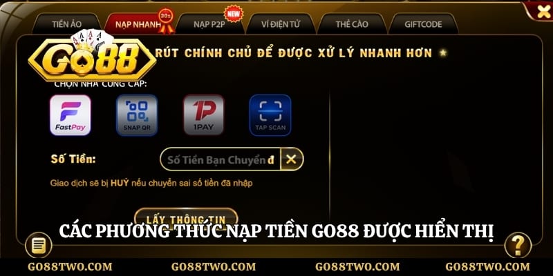 Các phương thức nạp tiền Go88 được hiển thị trên giao diện